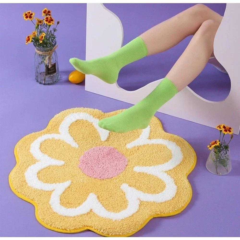 Funny Flower Bath Mat Shower Rug, Cute Pink Bathroom Rug, Non Slip Ultra Soft